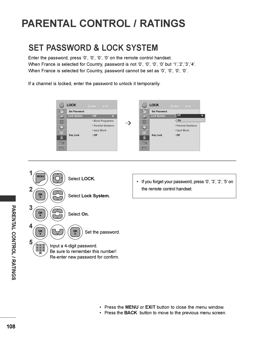 LG Electronics M2380DB, M2780DF, M2780DN, M2380DN Parental Control / Ratings, Set Password & Lock System, Select Lock System 