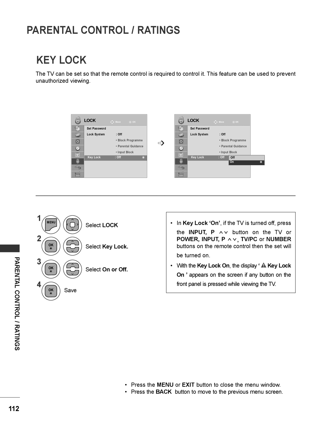 LG Electronics M2280D, M2780DF Parental Control / Ratings Key Lock, Select Key Lock, POWER, INPUT, P ꕌꕍ, TV/PC or NUMBER 