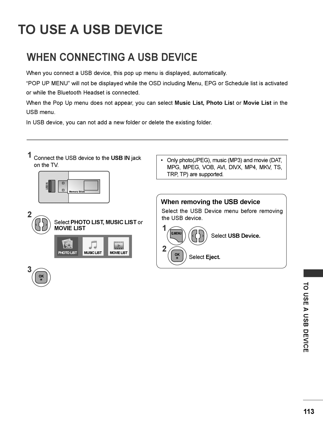 LG Electronics M2280DB To Use A Usb Device, When Connecting A Usb Device, When removing the USB device, Select USB Device 