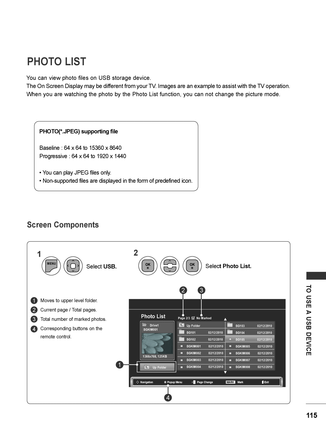 LG Electronics M2080DF, M2780DF Photo List, Screen Components, PHOTO*.JPEG supporting file, Select USB, Use A Usb Device 