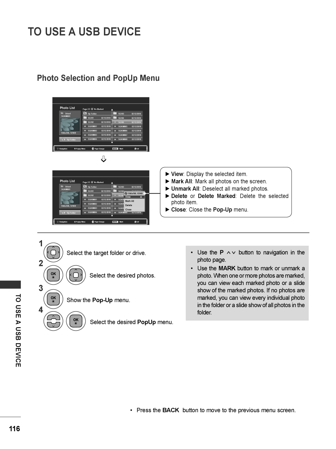 LG Electronics M2080D, M2780DF, M2780DN, M2380DN Photo Selection and PopUp Menu, To Use A Usb Device, Mark All, Delete 