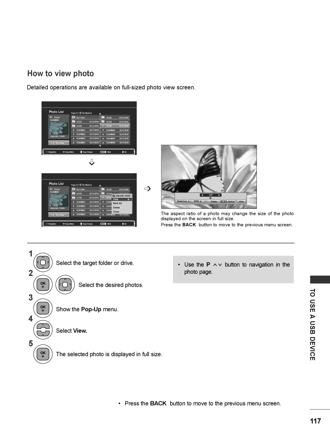 LG Electronics M2780DF, M2780DN, M2380DN, M2380DB How to view photo, To Use A Usb Device, Photo List, Mark All, Delete 