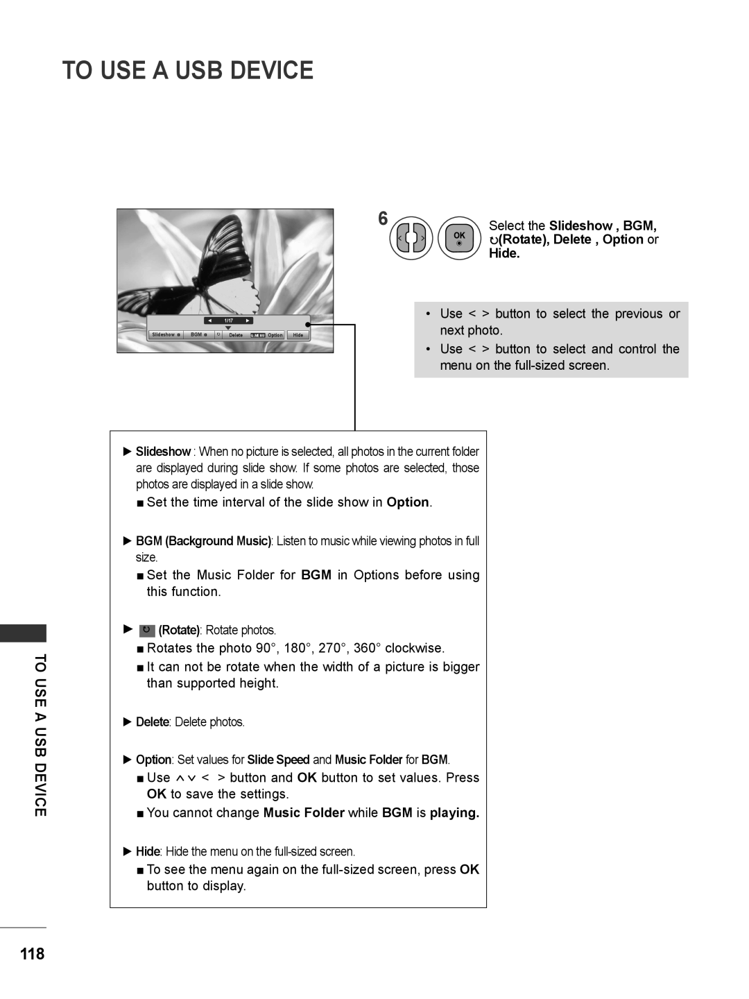 LG Electronics M2280DF, M2780DF, M2780DN, M2380DN To Use A Usb Device, Hide, Use button to select the previous or next photo 