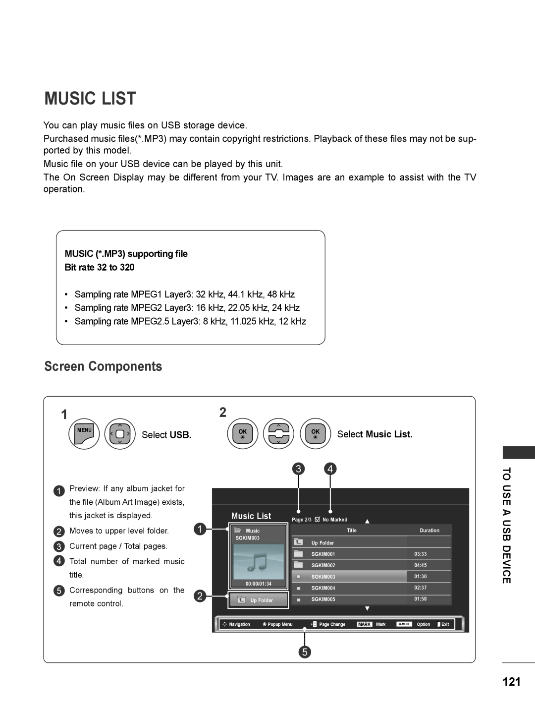 LG Electronics M2780DN, M2780DF Screen Components, MUSIC *.MP3 supporting file Bit rate 32 to, Select Music List 