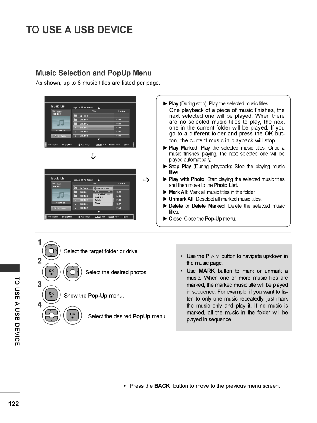 LG Electronics M2380DN, M2780DF, M2780DN, M2380DB, M2380DF, M2280DN, M2080D Music Selection and PopUp Menu, To Use A Usb Device 