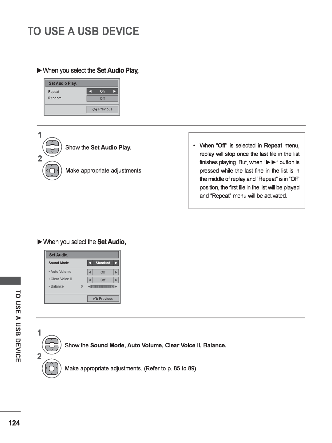 LG Electronics M2380DF, M2780DF, M2780DN When you select the Set Audio Play, To Use A Usb Device, Show the Set Audio Play 