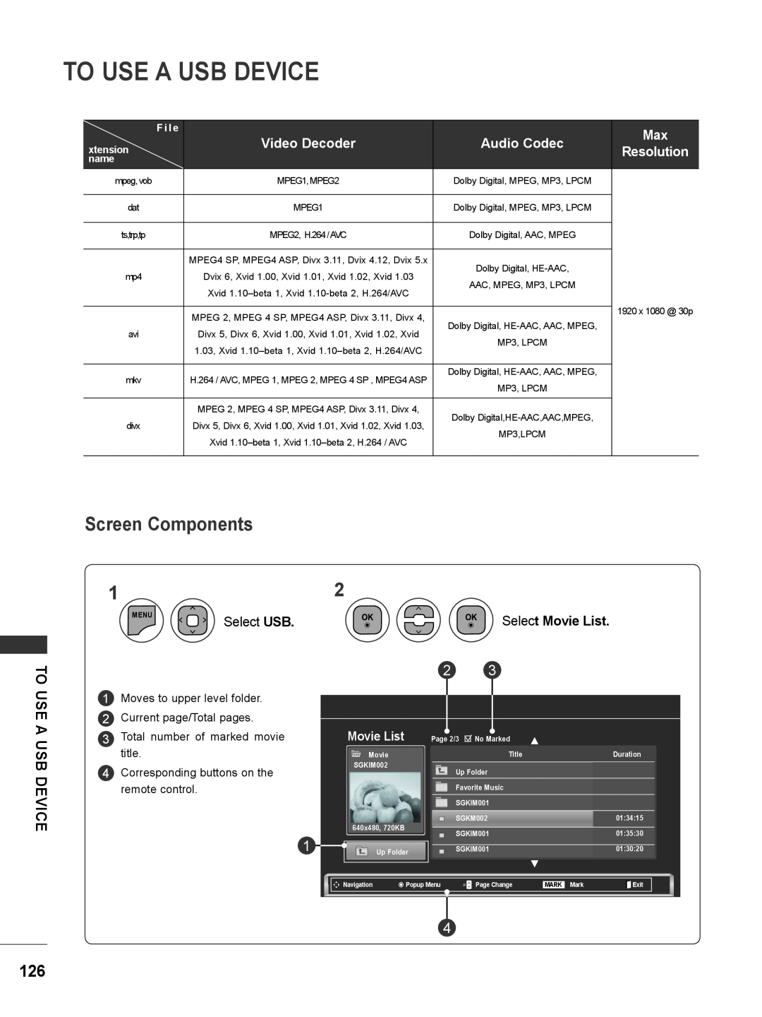 LG Electronics M2280DN To Use A Usb Device, Screen Components, Video Decoder, Audio Codec, Select USB, Resolution, F i l e 