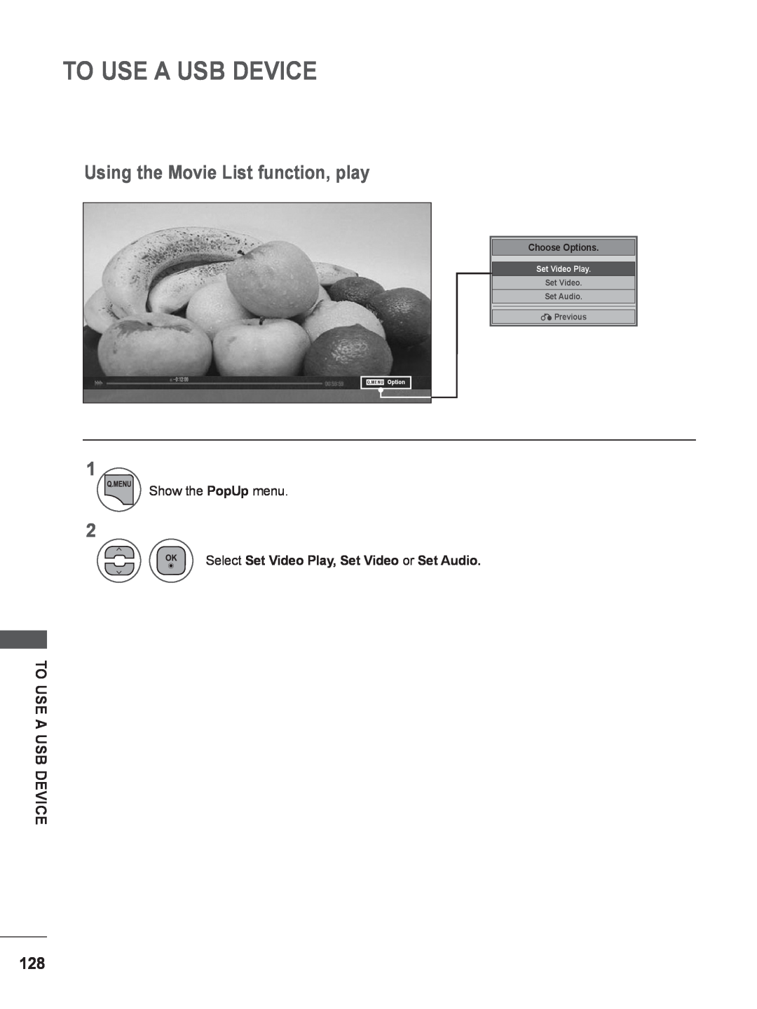 LG Electronics M2280DB, M2780DF Using the Movie List function, play, To Use A Usb Device, Choose Options, Set Video Play 