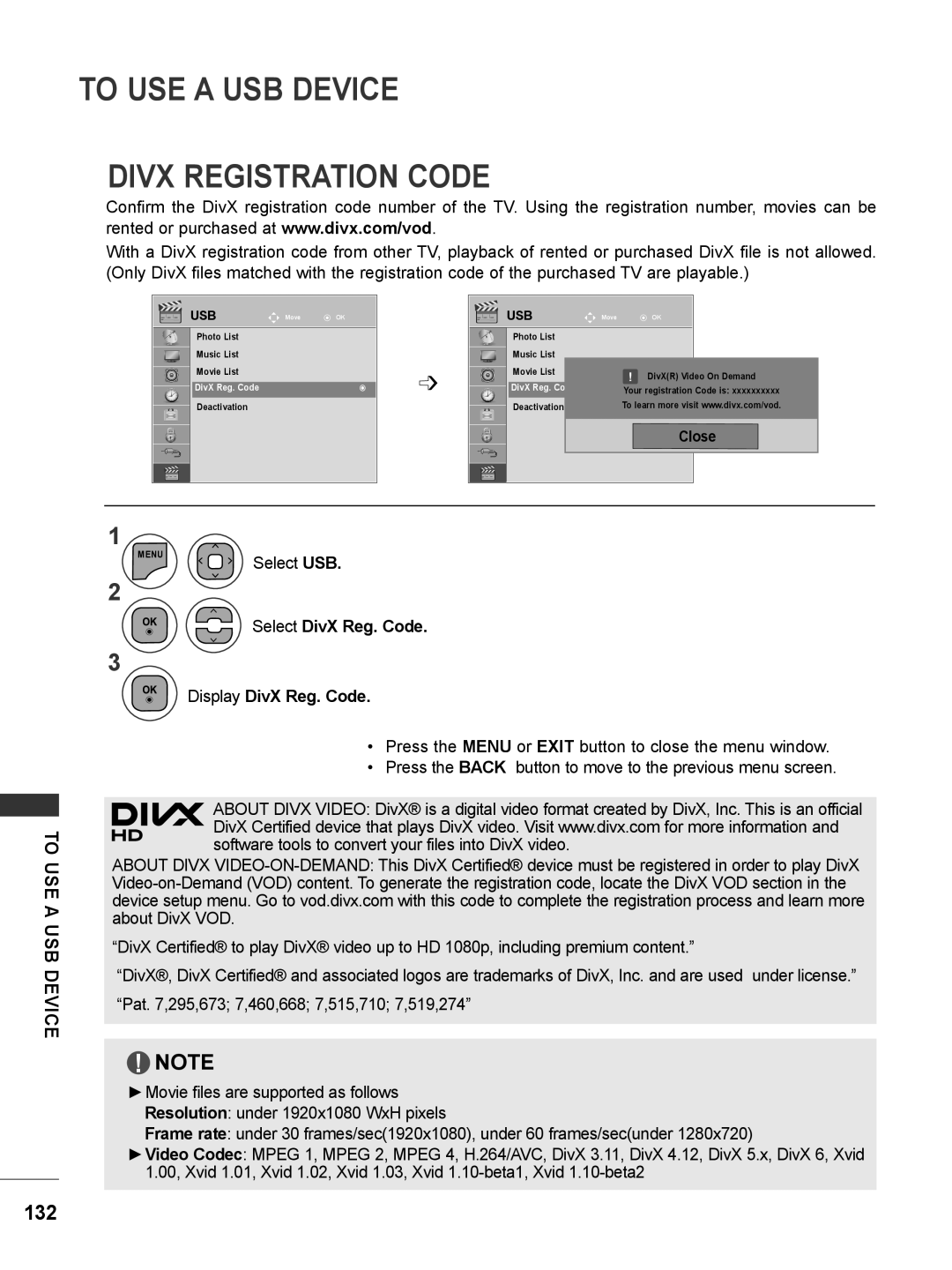 LG Electronics M2780DF To Use A Usb Device Divx Registration Code, Select DivX Reg. Code, Display DivX Reg. Code 