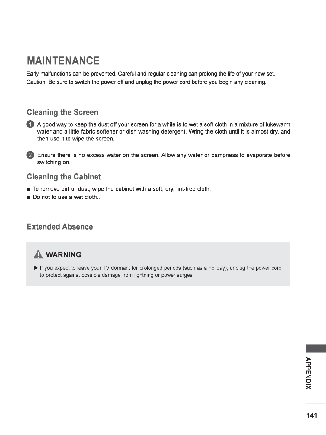 LG Electronics M2280DN, M2780DF, M2780DN Maintenance, Cleaning the Screen, Cleaning the Cabinet, Extended Absence, Appendix 