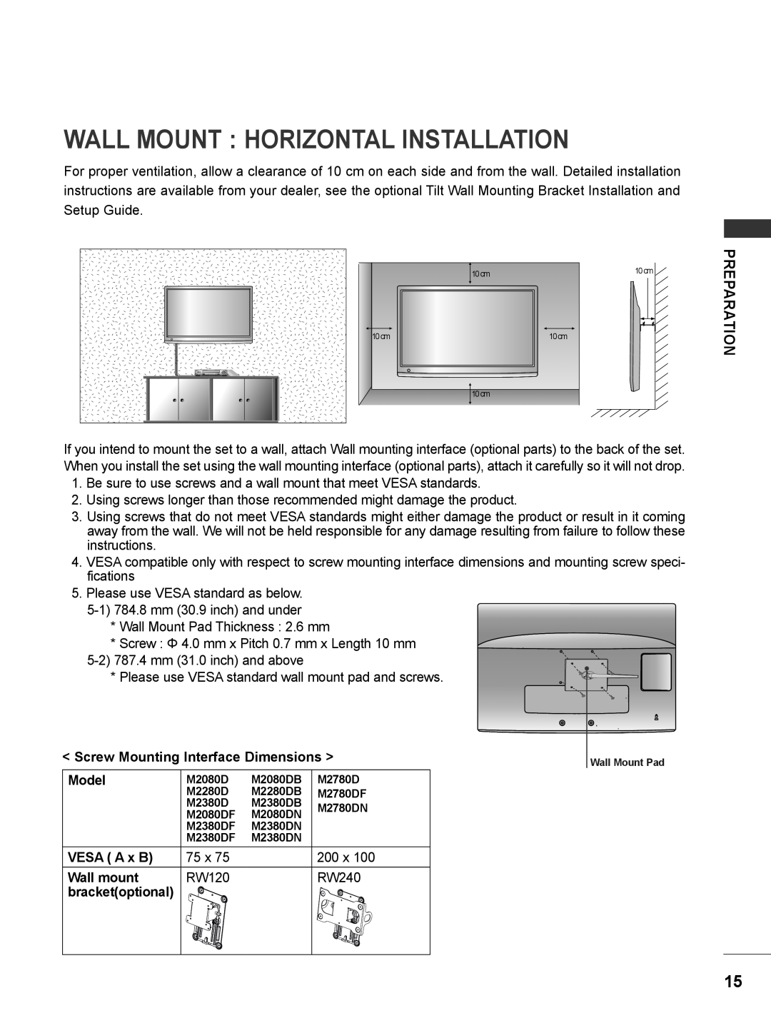 LG Electronics M2780DF Wall Mount Horizontal Installation, Screw Mounting Interface Dimensions, Model, VESA A x B, 75 x 