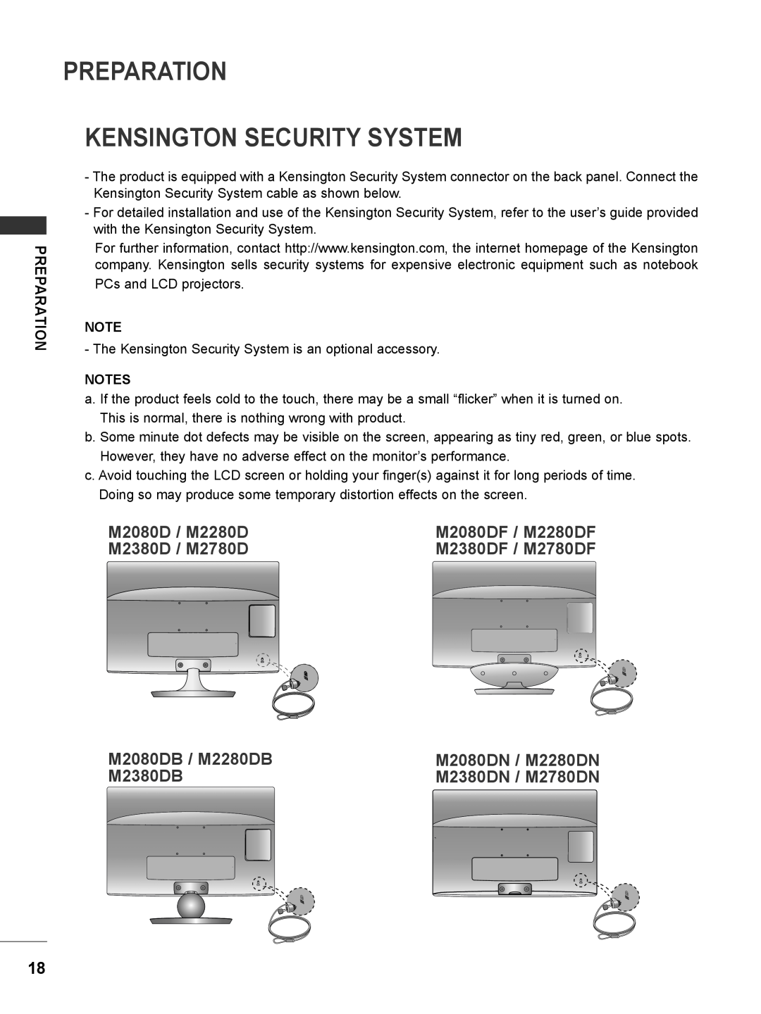 LG Electronics M2380DB Preparation Kensington Security System, M2080DF / M2280DF, M2380DF / M2780DF, M2080DN / M2280DN 