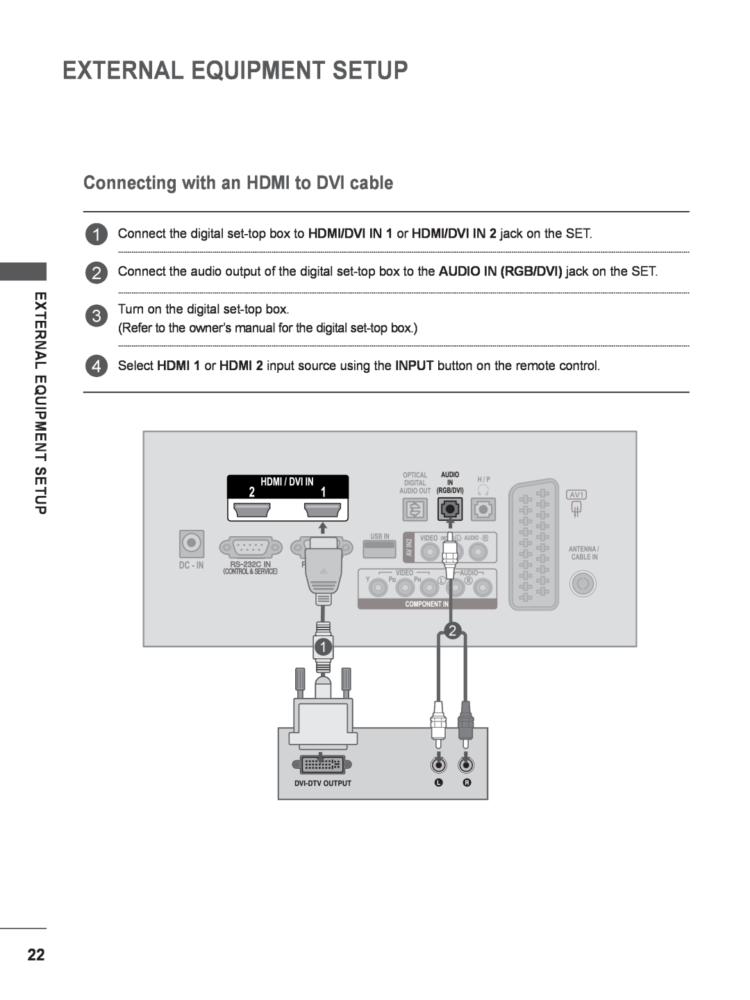 LG Electronics M2280D, M2780DF, M2780DN, M2380DN, M2380DB Connecting with an HDMI to DVI cable, External Equipment Setup 