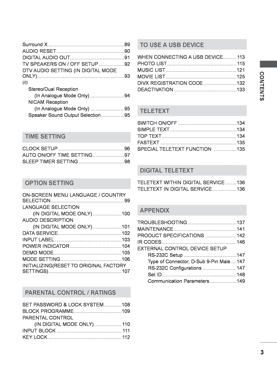 LG Electronics M2380DB Time Setting, Option Setting, Parental Control / Ratings, To Use A Usb Device, Teletext, Appendix 