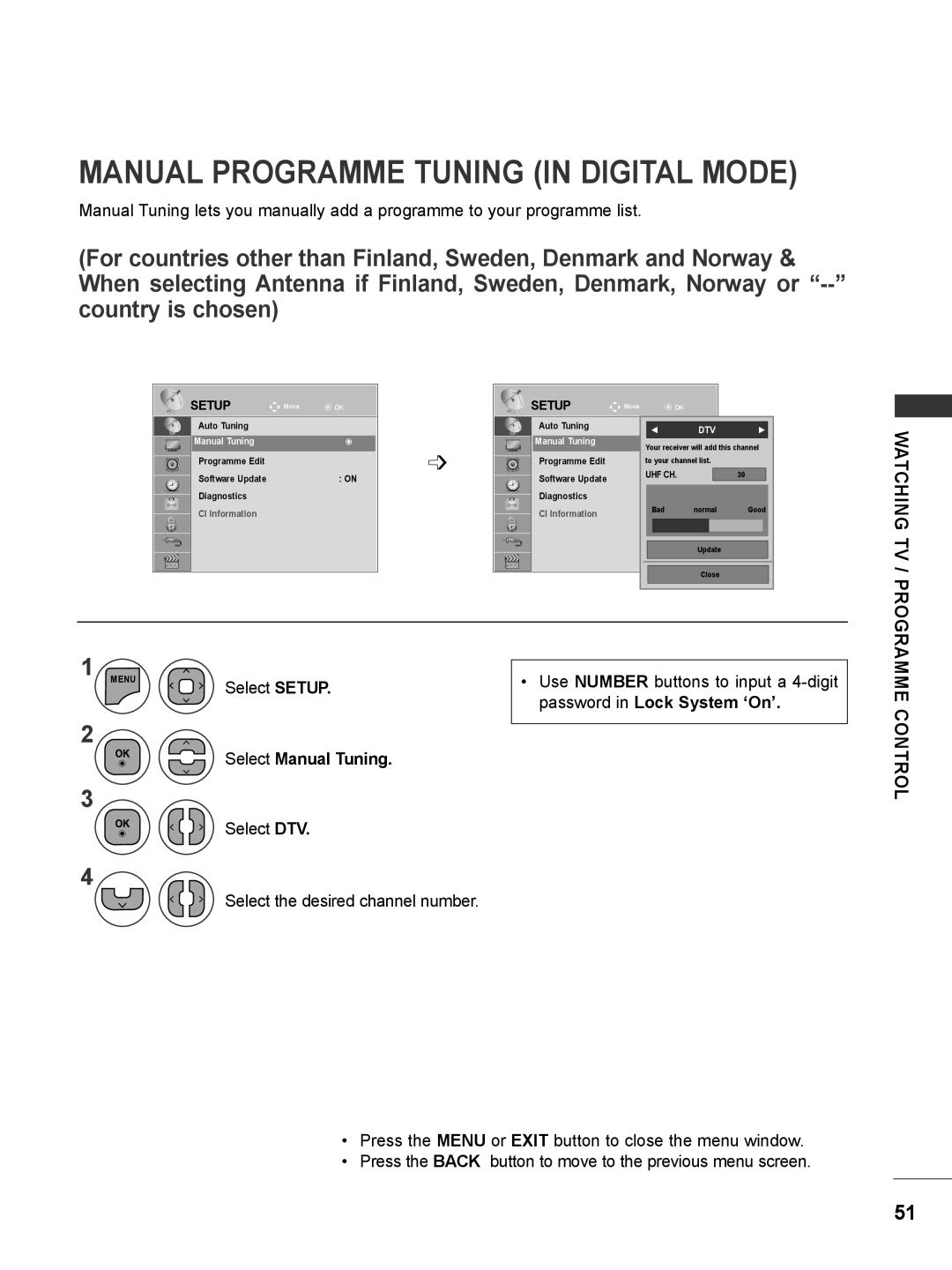 LG Electronics M2280DN Manual Programme Tuning In Digital Mode, Select Manual Tuning, Control, Watching Tv / Programme 