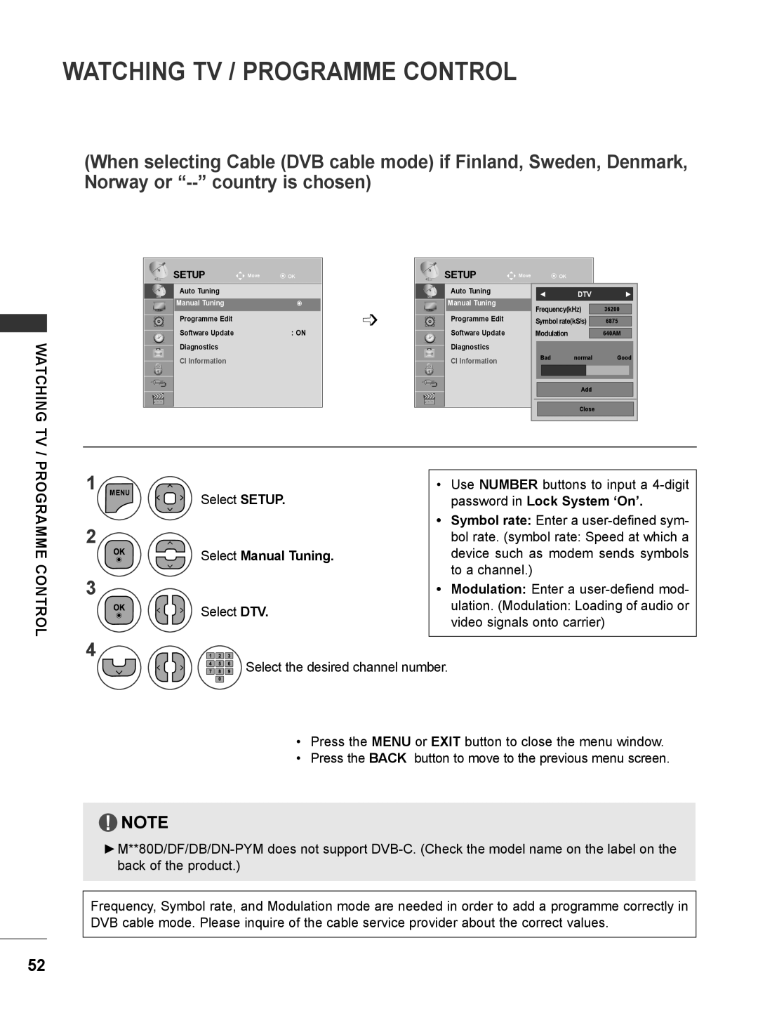 LG Electronics M2280D, M2780DF, M2780DN, M2380DN, M2380DB Watching Tv / Programme Control, Select Manual Tuning, Select SETUP 