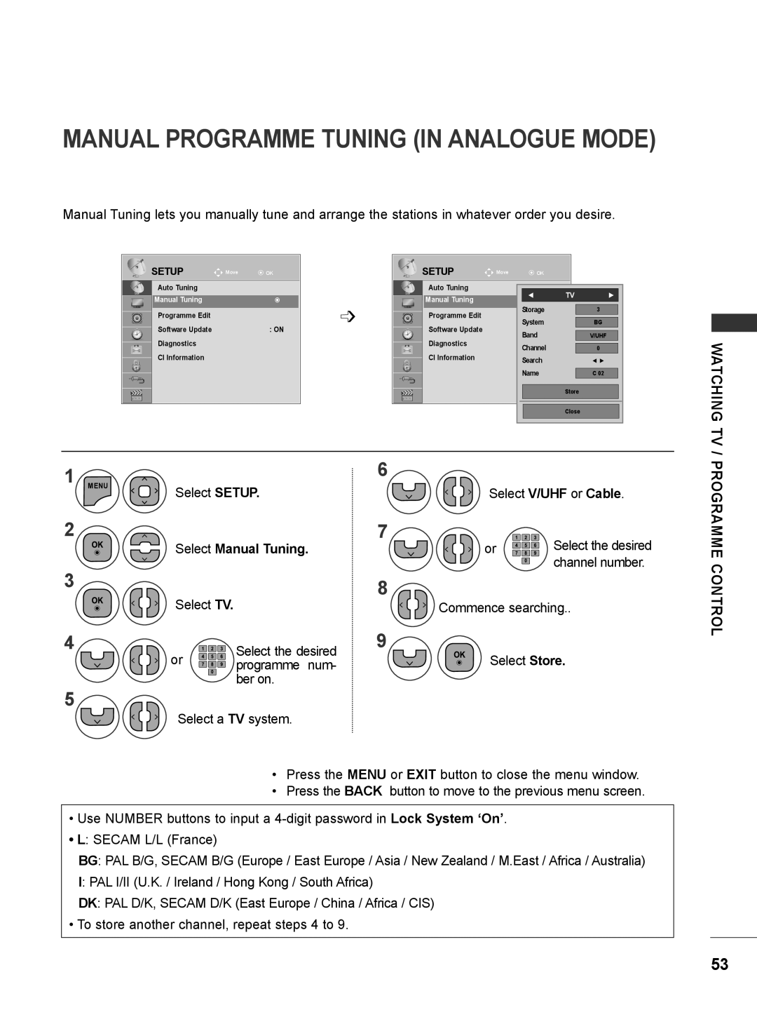 LG Electronics M2280DB, M2780DF, M2780DN Manual Programme Tuning In Analogue Mode, Select SETUP, Select Manual Tuning 
