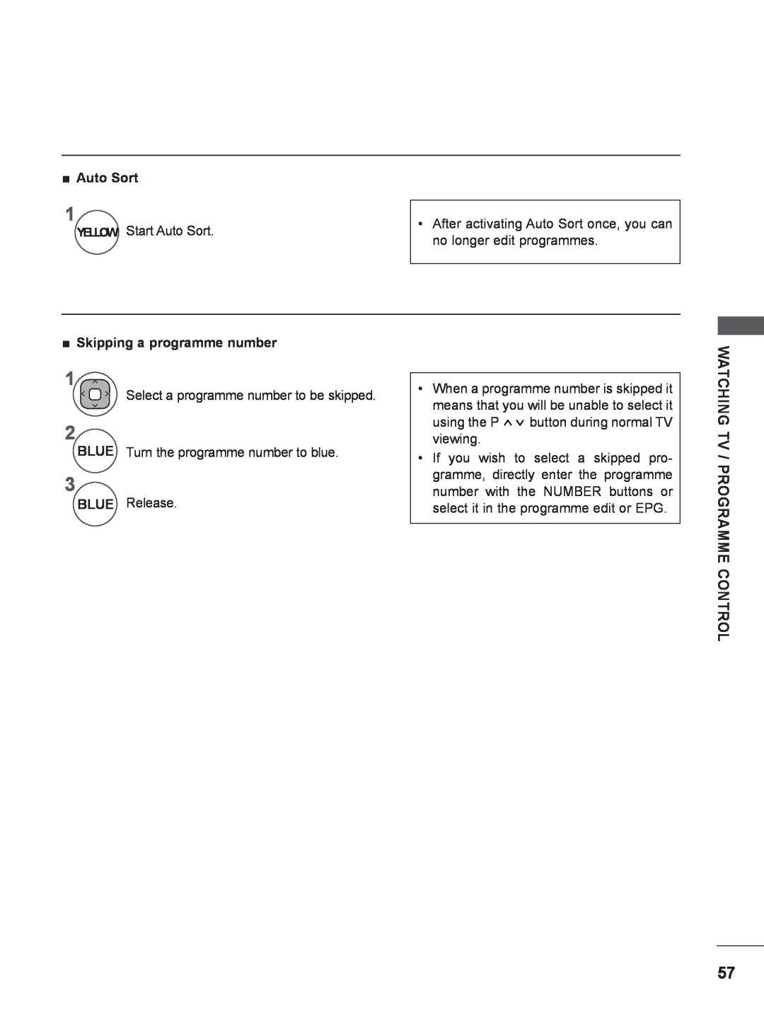 LG Electronics M2780DF, M2780DN, M2380DN Auto Sort, Skipping a programme number, Watching Tv / Programme Control, Yellow 