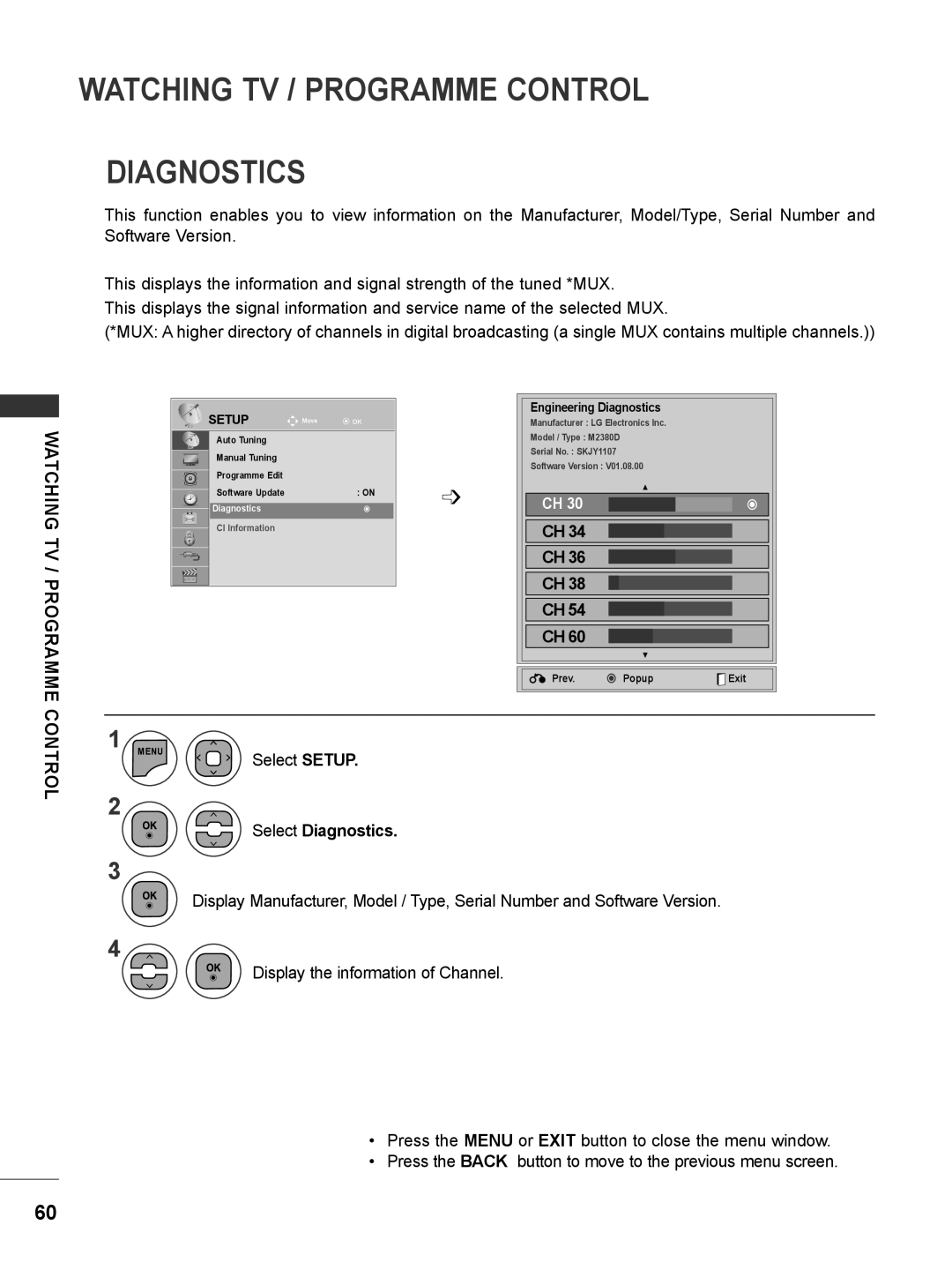 LG Electronics M2780DF Watching Tv / Programme Control Diagnostics, Ch Ch Ch Ch Ch, Select Diagnostics, Select SETUP 