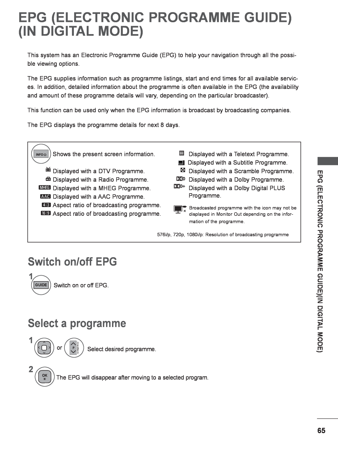 LG Electronics M2380D, M2780DF Epg Electronic Programme Guide In Digital Mode, Switch on/off EPG, Select a programme 
