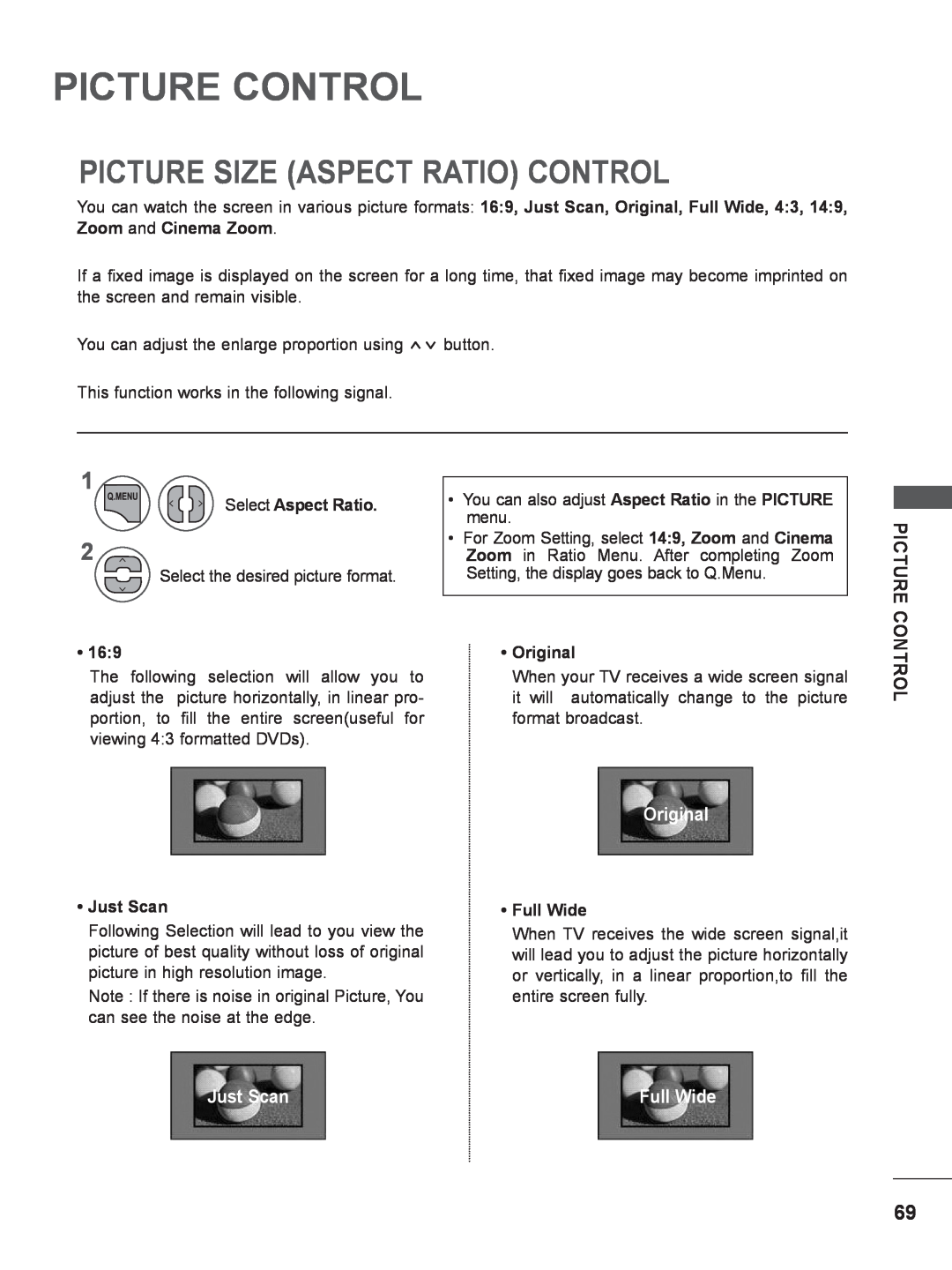 LG Electronics M2080DB Picture Control, Picture Size Aspect Ratio Control, Original, Just Scan, Select Aspect Ratio 