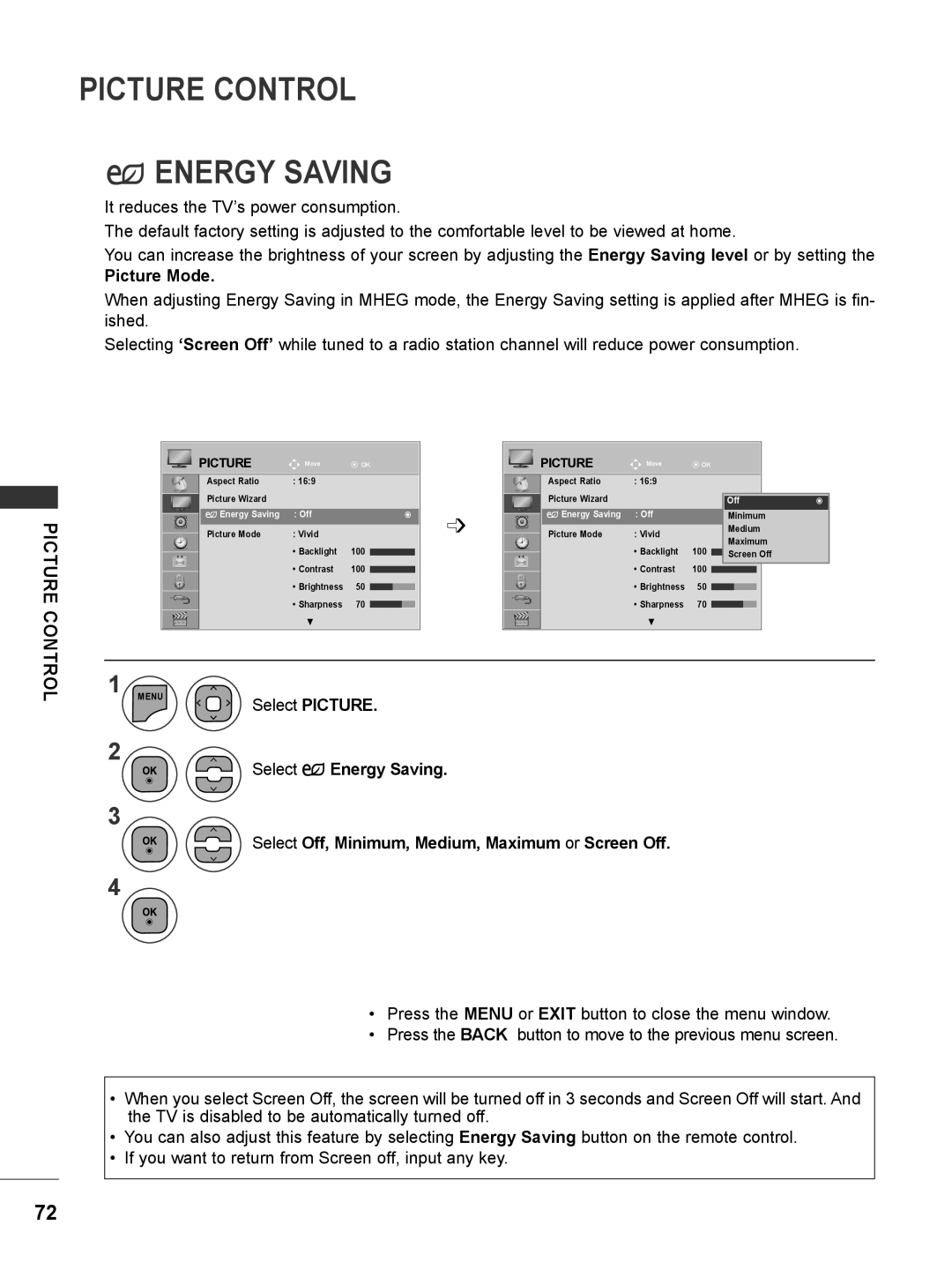 LG Electronics M2780DF, M2780DN Picture Control ꕊ Energy Saving, Picture Mode, Select PICTURE, Select ꕊ Energy Saving 