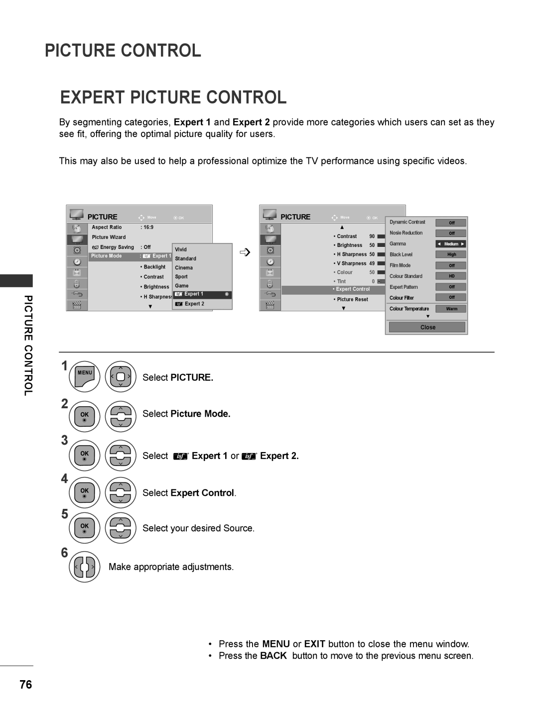 LG Electronics M2780DN, M2780DF, M2380DN, M2380DB, M2380DF Picture Control Expert Picture Control, Select Expert Control 