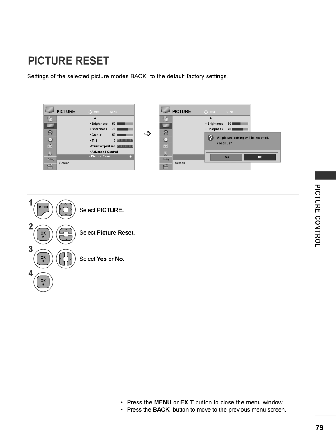 LG Electronics M2380DF, M2780DF, M2780DN, M2380DN, M2380DB, M2280DN, M2280DB, M2080DB, M2080DF Select Picture Reset, Control 