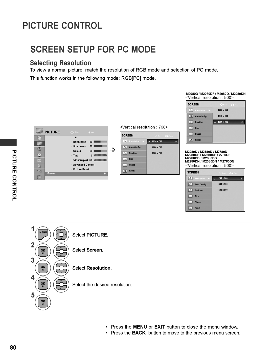 LG Electronics M2380D, M2780DF, M2780DN Picture Control Screen Setup For Pc Mode, Selecting Resolution, Select Resolution 