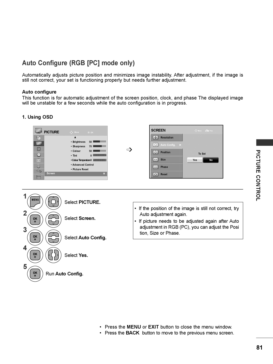 LG Electronics M2280DN Auto Configure RGB PC mode only, Auto configure, Using OSD, Select Auto Config, Run Auto Config 