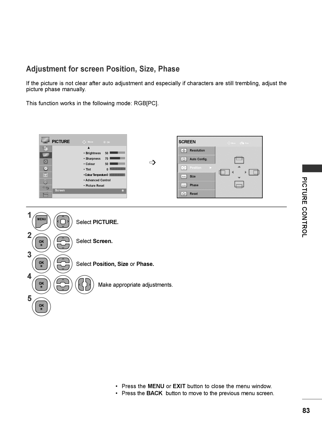 LG Electronics M2280DB Adjustment for screen Position, Size, Phase, Picture, Select Position, Size or Phase, Screen 