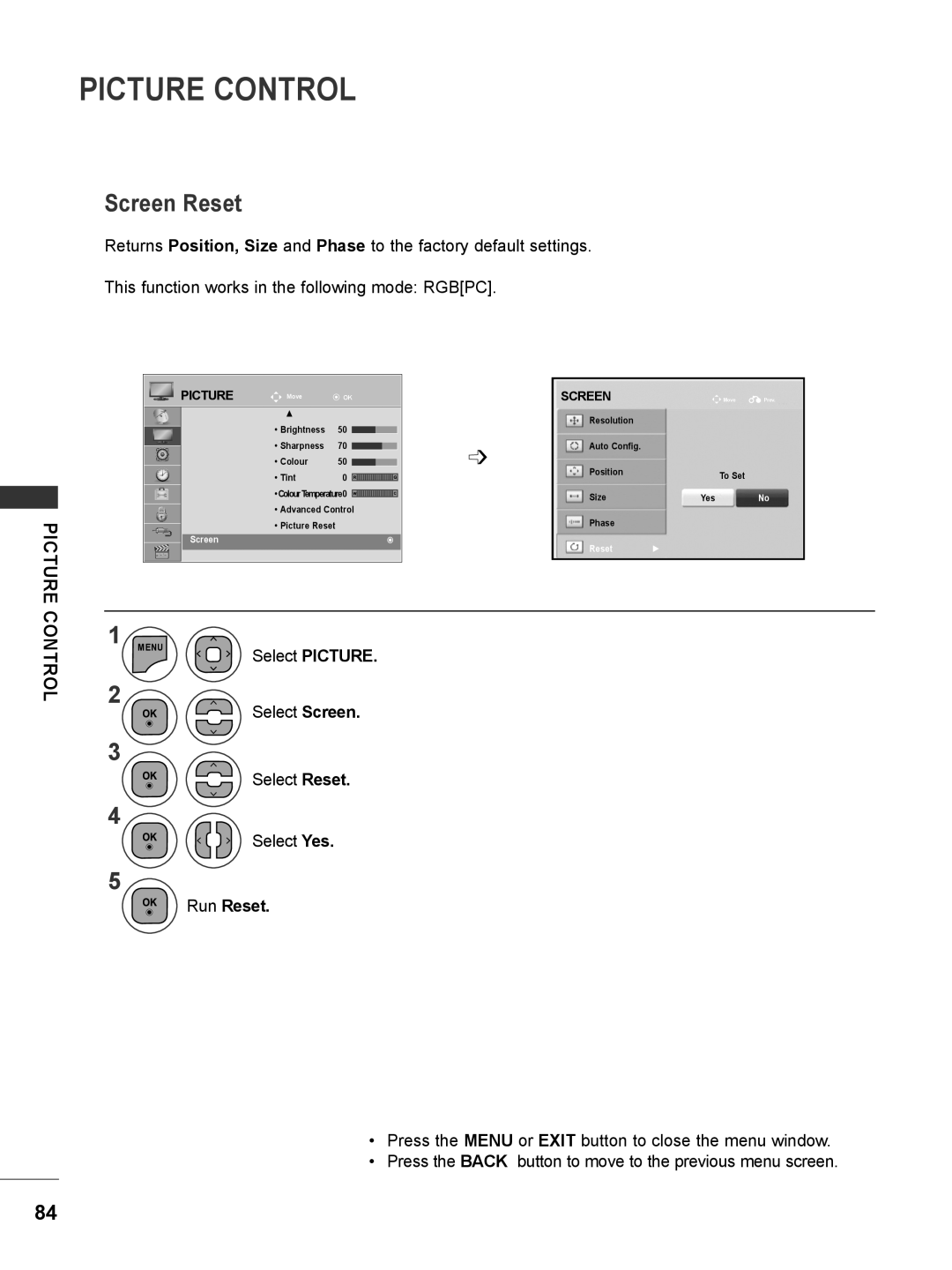 LG Electronics M2080DB, M2780DF, M2780DN, M2380DN, M2380DB, M2380DF, M2280DN, M2280DB Screen Reset, Picture Control, Run Reset 