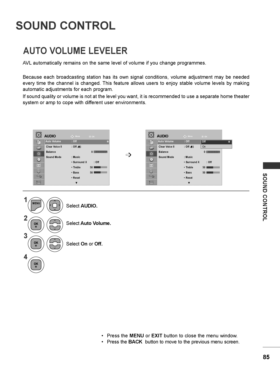 LG Electronics M2080DF, M2780DF, M2780DN, M2380DN, M2380DB, M2380DF Sound Control, Auto Volume Leveler, Select Auto Volume 
