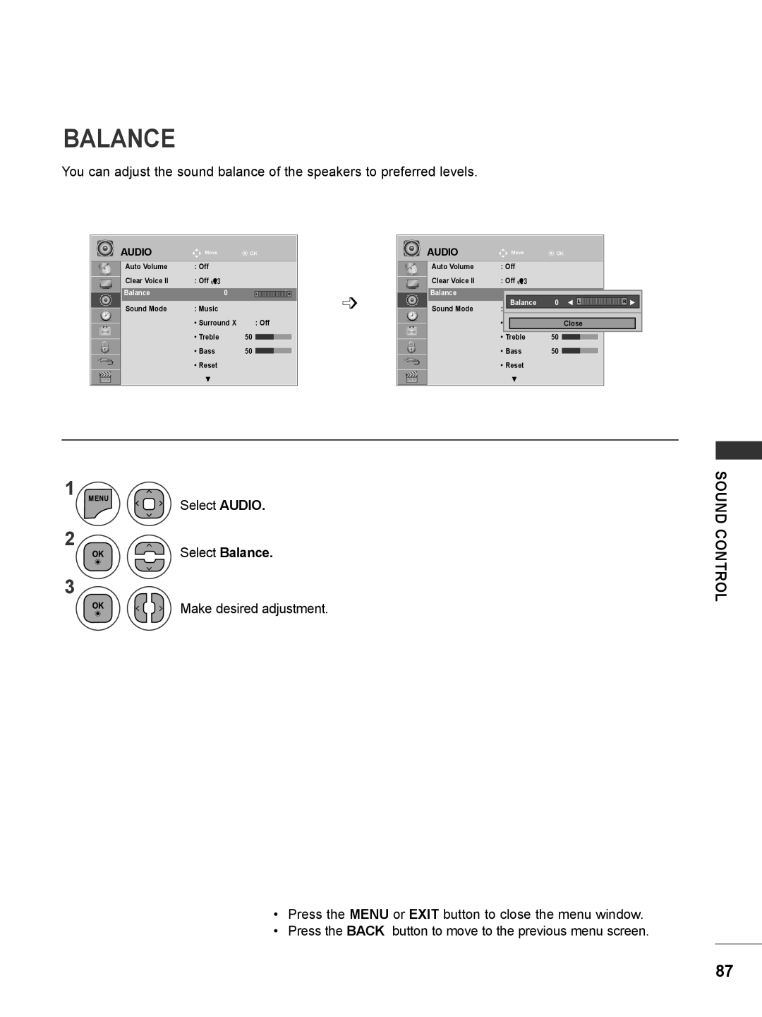 LG Electronics M2780DF, M2780DN, M2380DN, M2380DB, M2380DF, M2280DN, M2280DB, M2080DB Sound, Select Balance, Control 