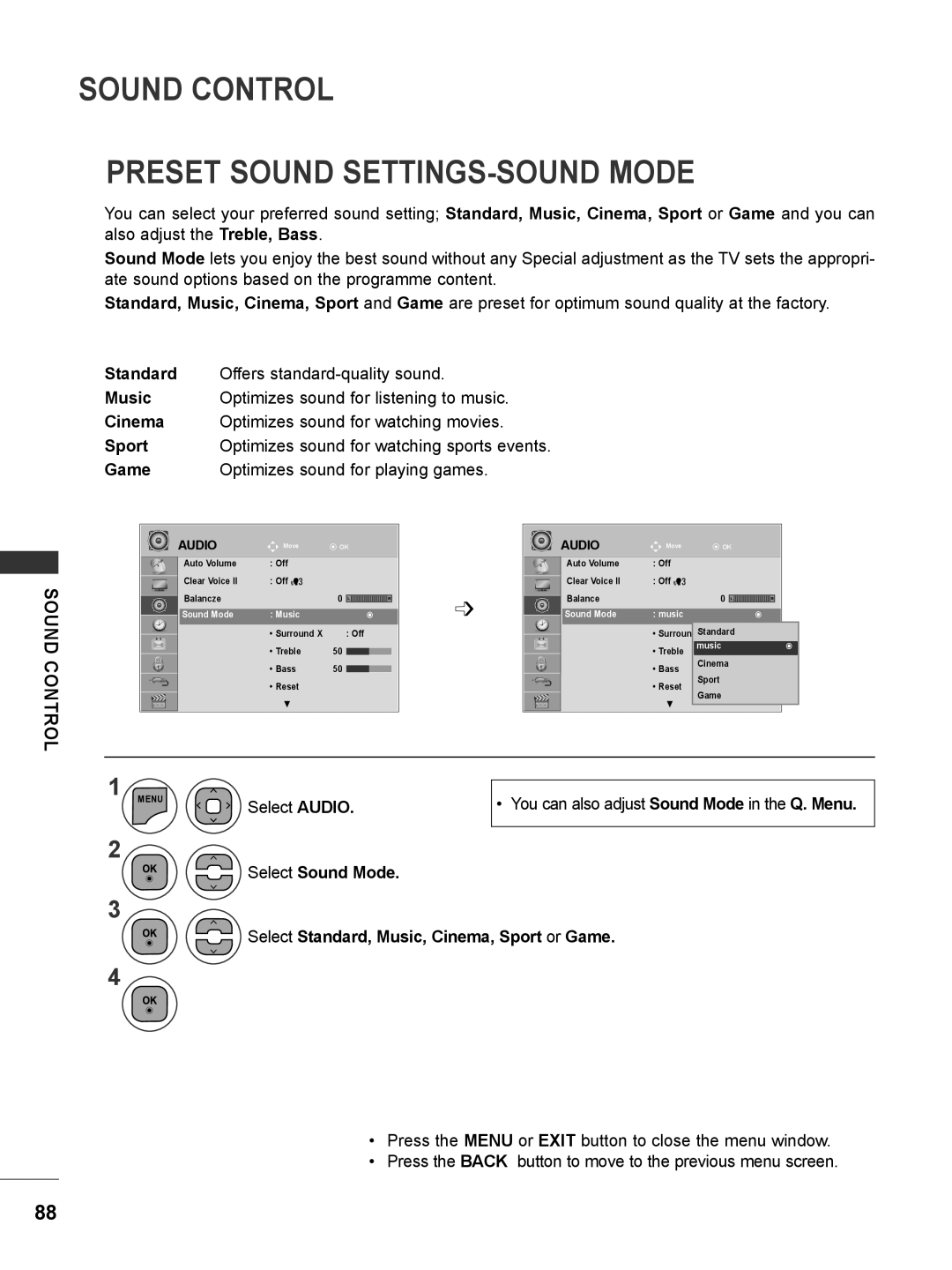 LG Electronics M2280DF, M2780DF Sound Control Preset Sound Settings-Sound Mode, Standard, Music, Cinema, Sport, Game 