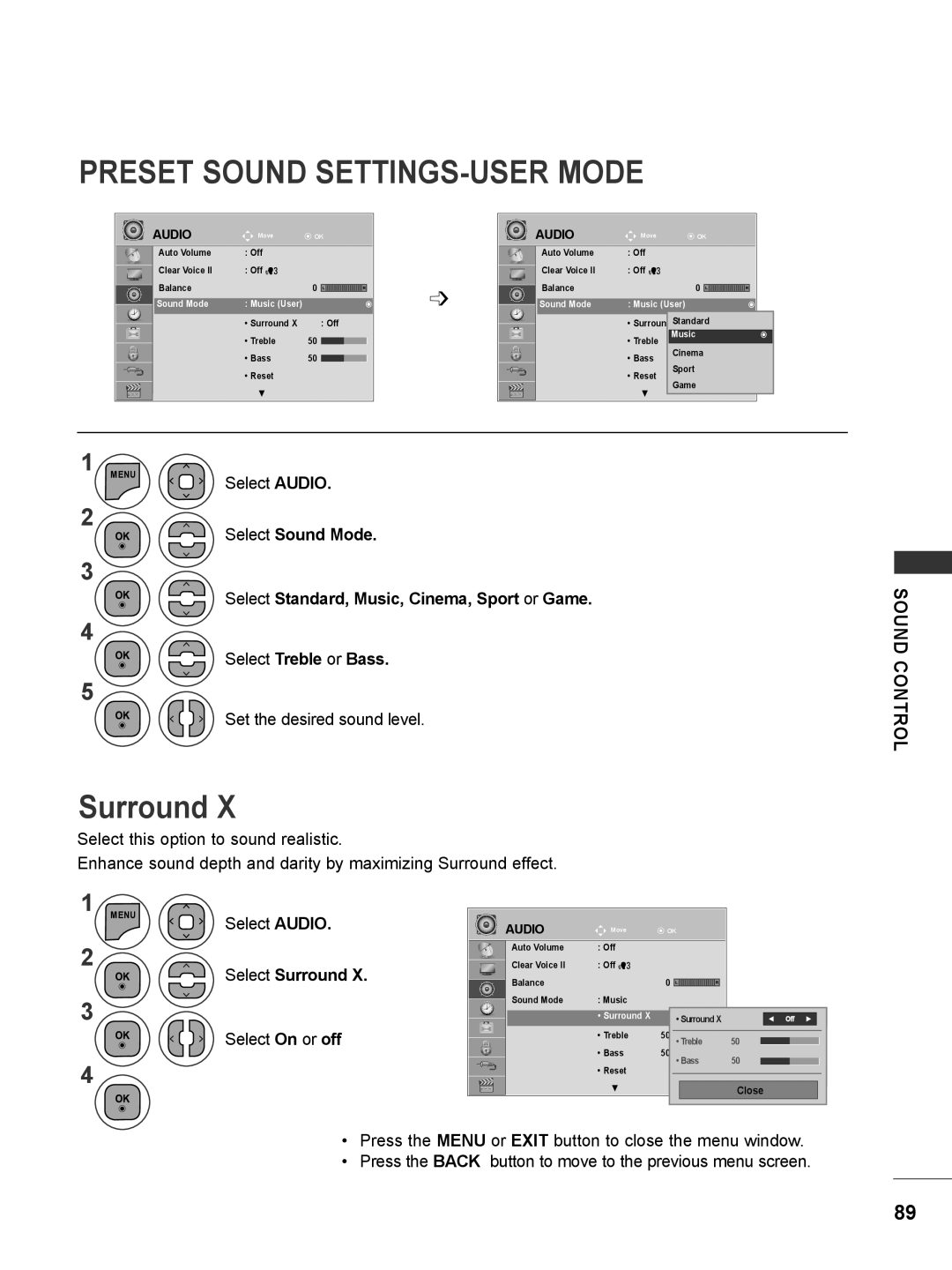 LG Electronics M2080DN, M2780DF Preset Sound Settings-User Mode, Select Treble or Bass, Sound Control, Select Surround 
