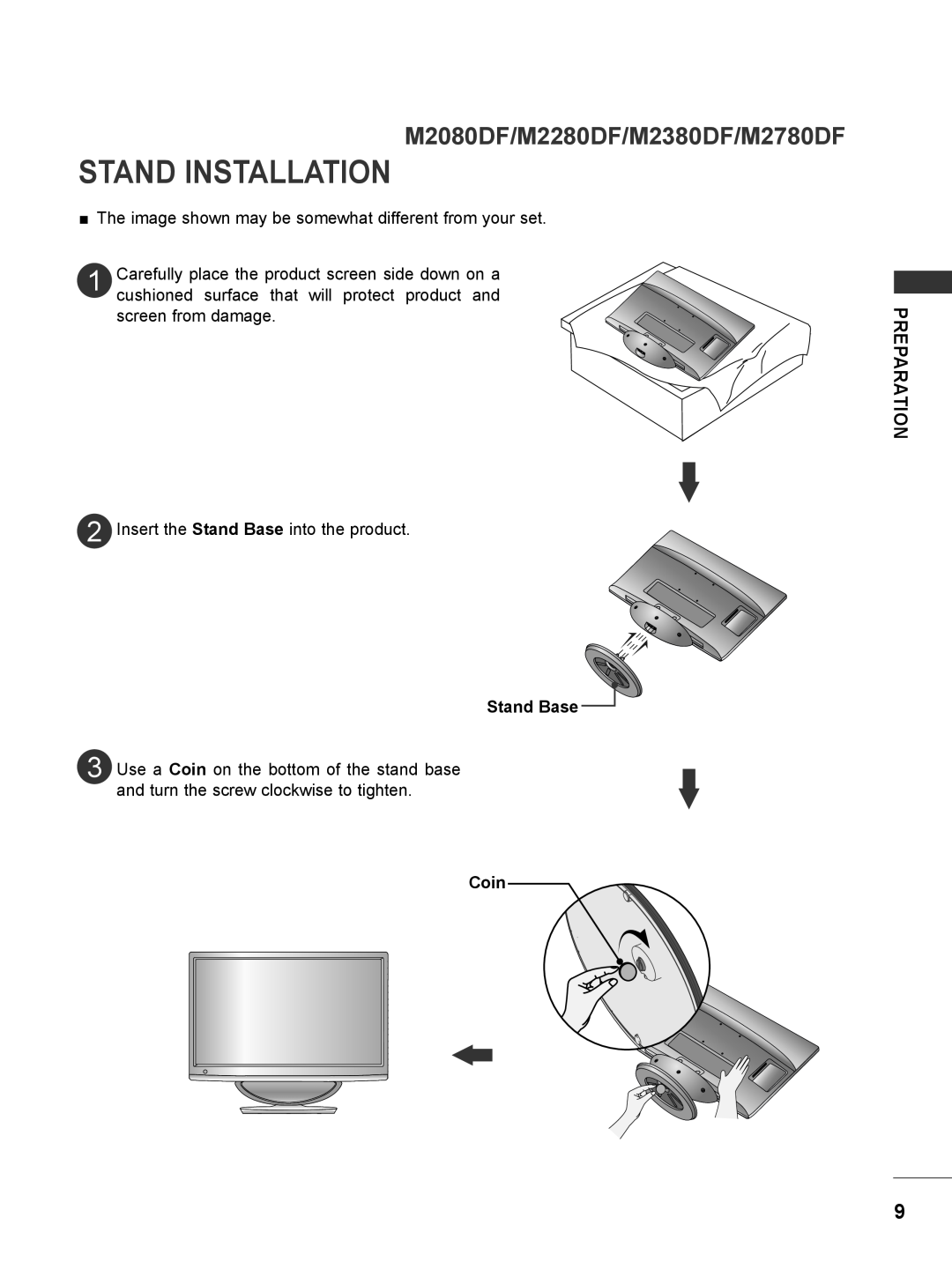 LG Electronics M2080DB, M2780DN, M2380DN M2080DF/M2280DF/M2380DF/M2780DF, Stand Installation, Stand Base, Coin, Preparation 