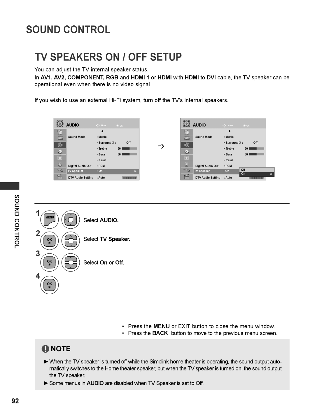 LG Electronics M2380DN, M2780DF, M2780DN, M2380DB, M2380DF, M2280D Sound Control Tv Speakers On / Off Setup, Select TV Speaker 