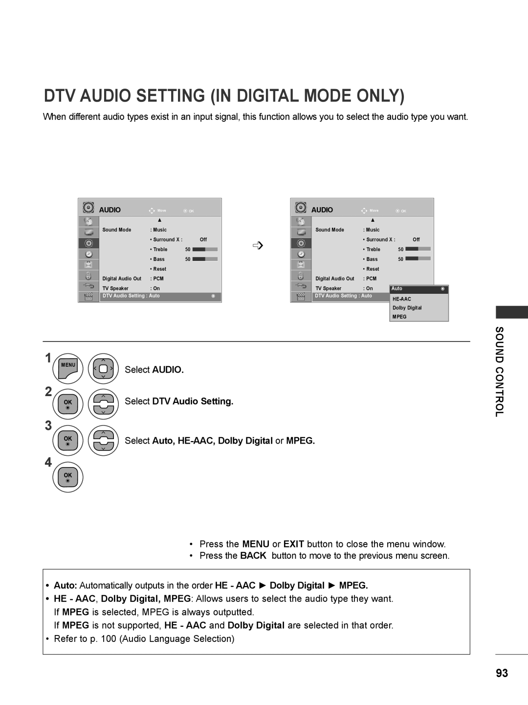 LG Electronics M2380DB, M2780DF, M2780DN, M2380DN, M2380DF, M2280DN Dtv Audio Setting In Digital Mode Only, Sound, Control 