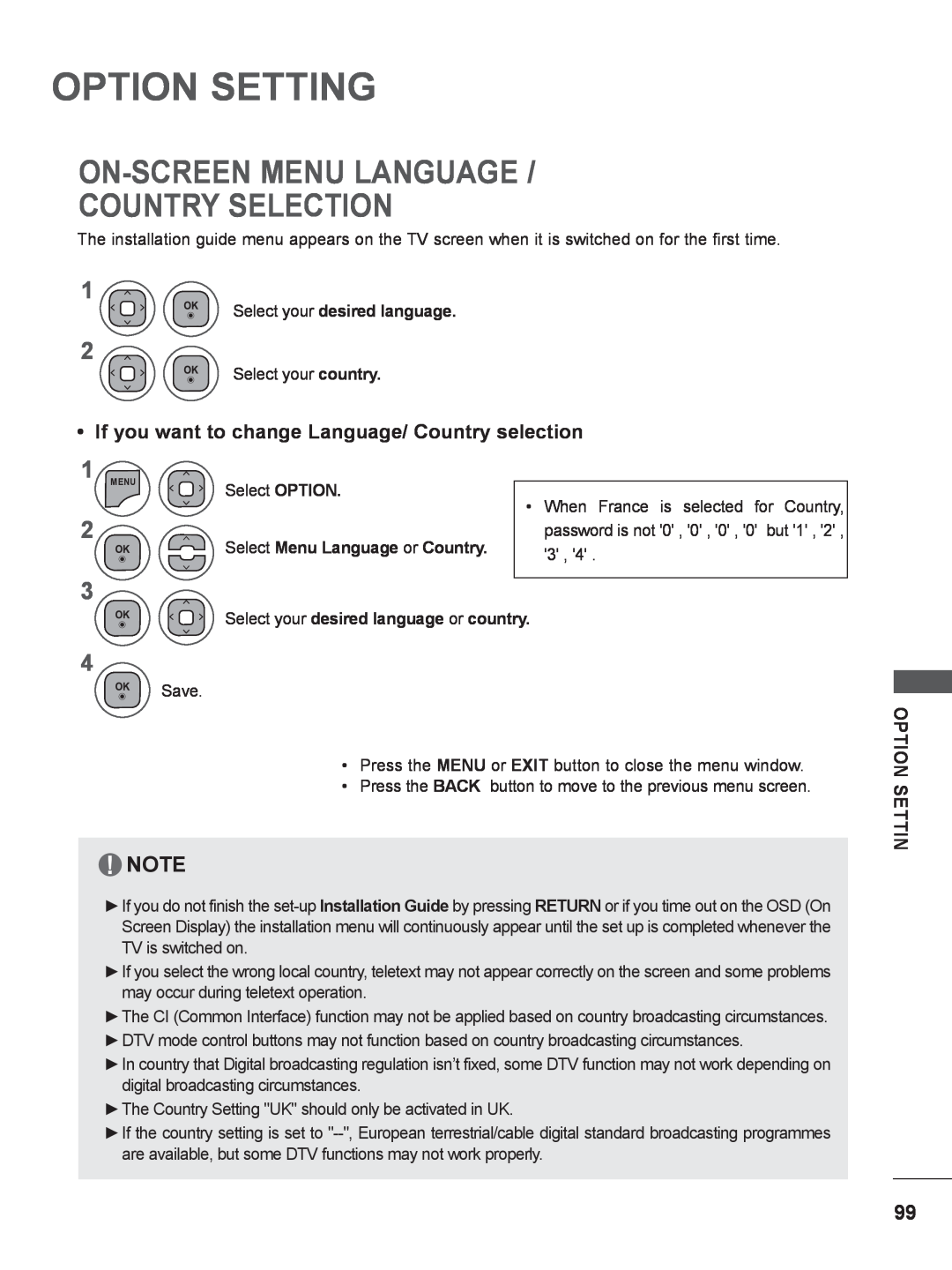 LG Electronics M2080DB, M2780DF Option Setting, On-Screen Menu Language Country Selection, Select your desired language 