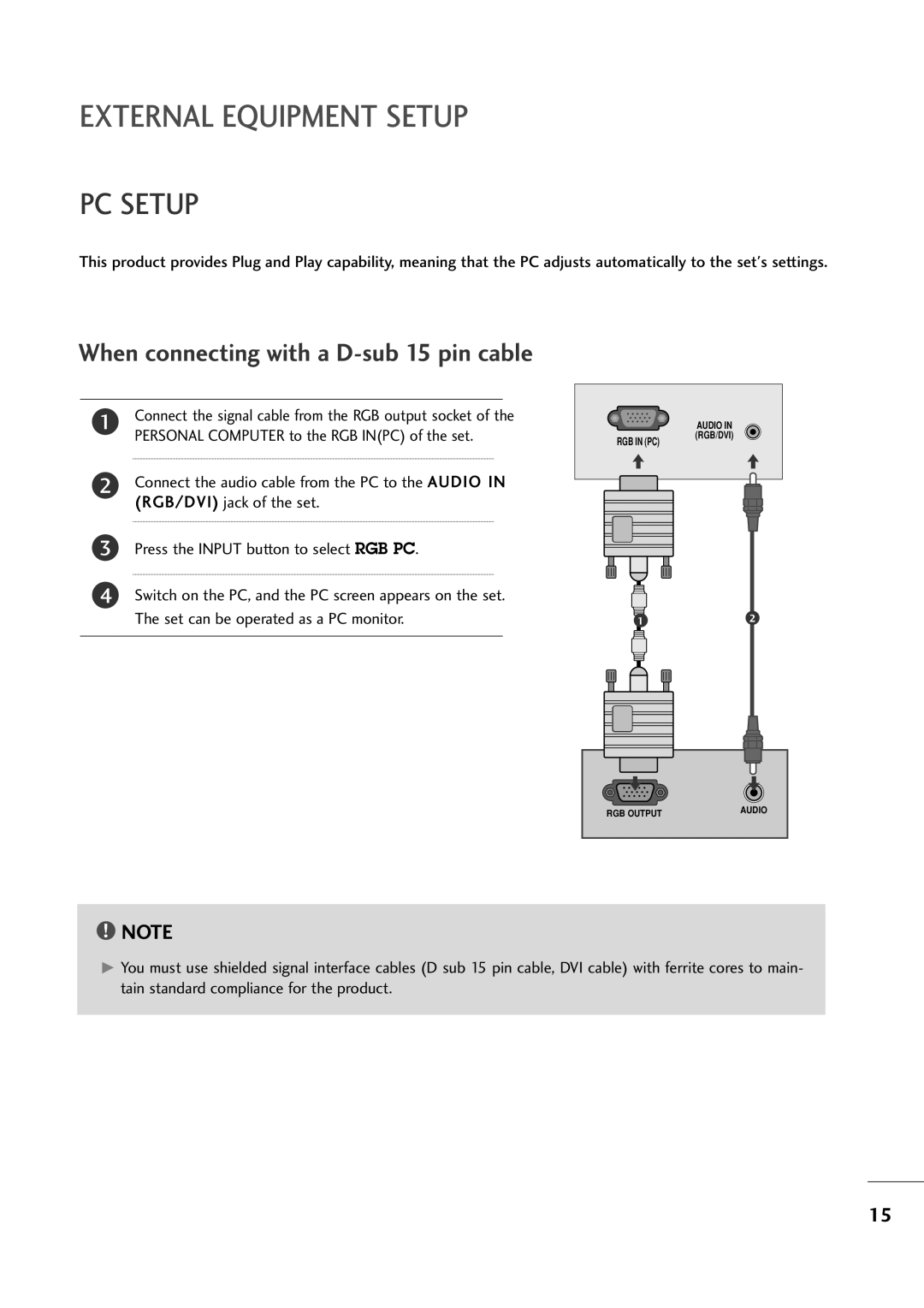 LG Electronics M2794A, M2394A owner manual PC Setup, When connecting with a D-sub 15 pin cable 