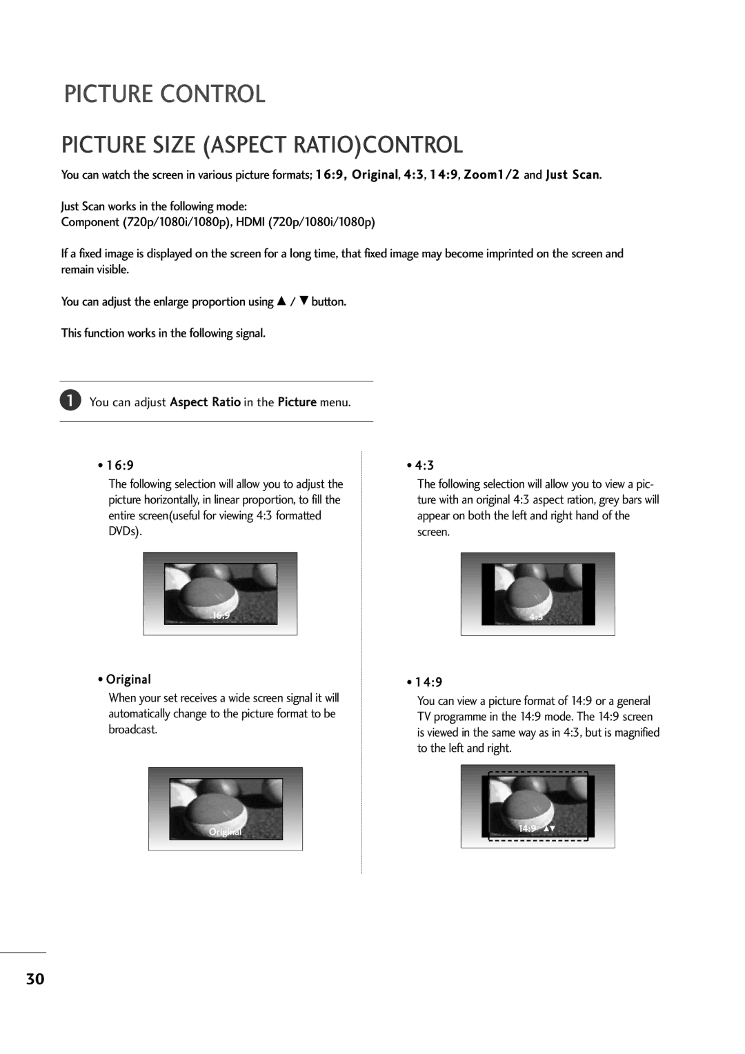 LG Electronics M2394A, M2794A owner manual Picture Control, Picture Size Aspect Ratiocontrol 