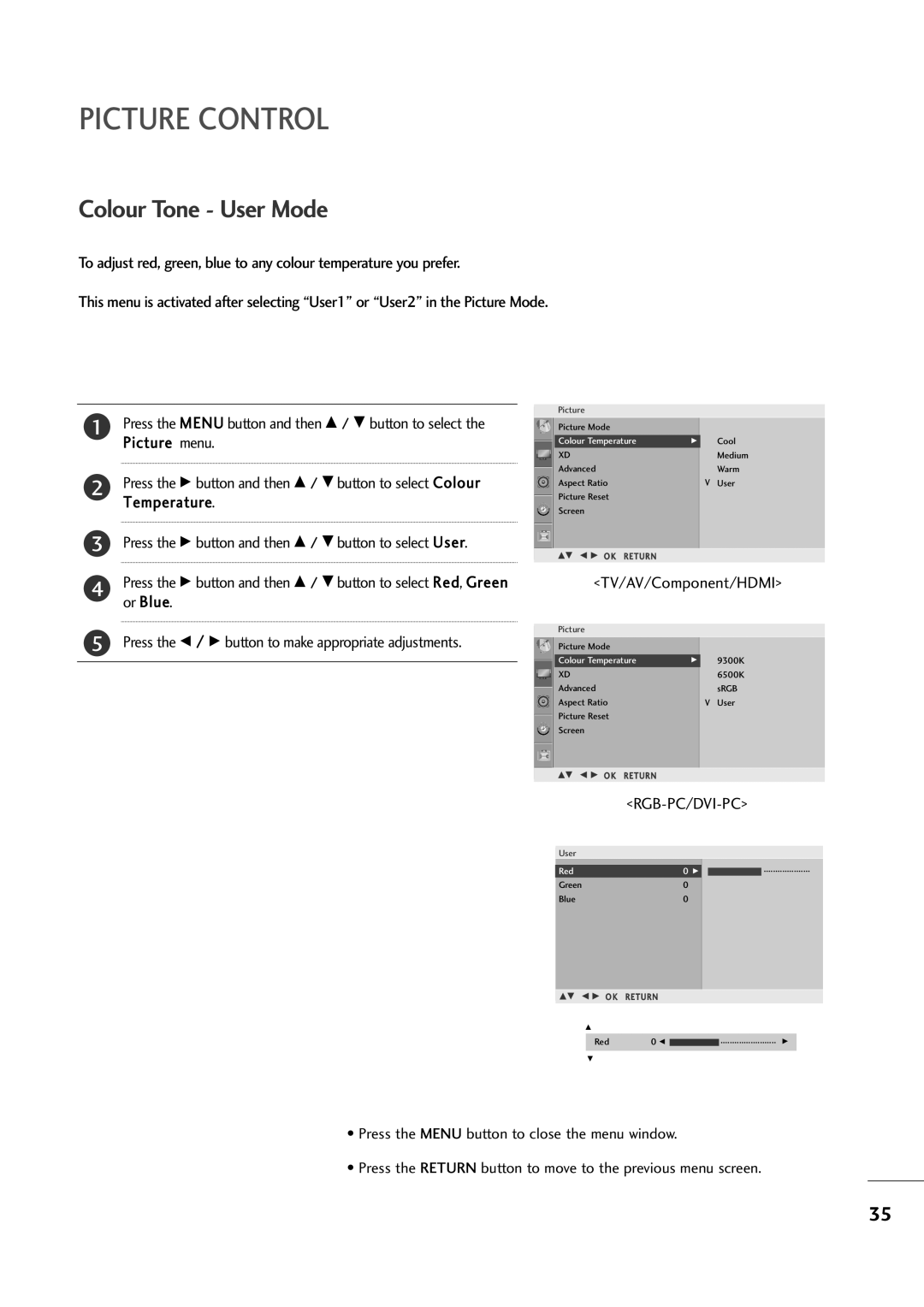 LG Electronics M2794A, M2394A owner manual Colour Tone User Mode 