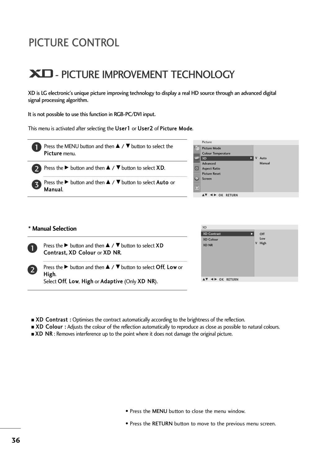 LG Electronics M2394A, M2794A owner manual Picture Improvement Technology, Manual Selection 