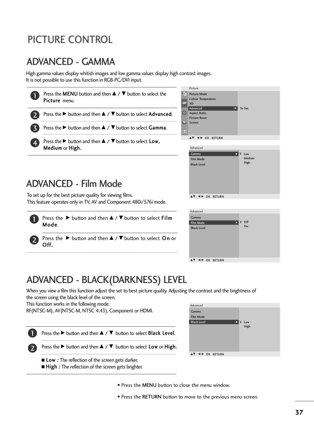 LG Electronics M2794A, M2394A owner manual Advanced Gamma, Advanced Blackdarkness Level 