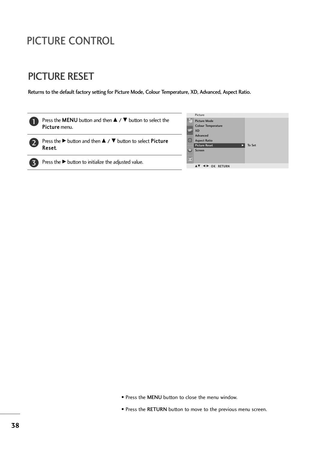 LG Electronics M2394A, M2794A owner manual Picture Reset 