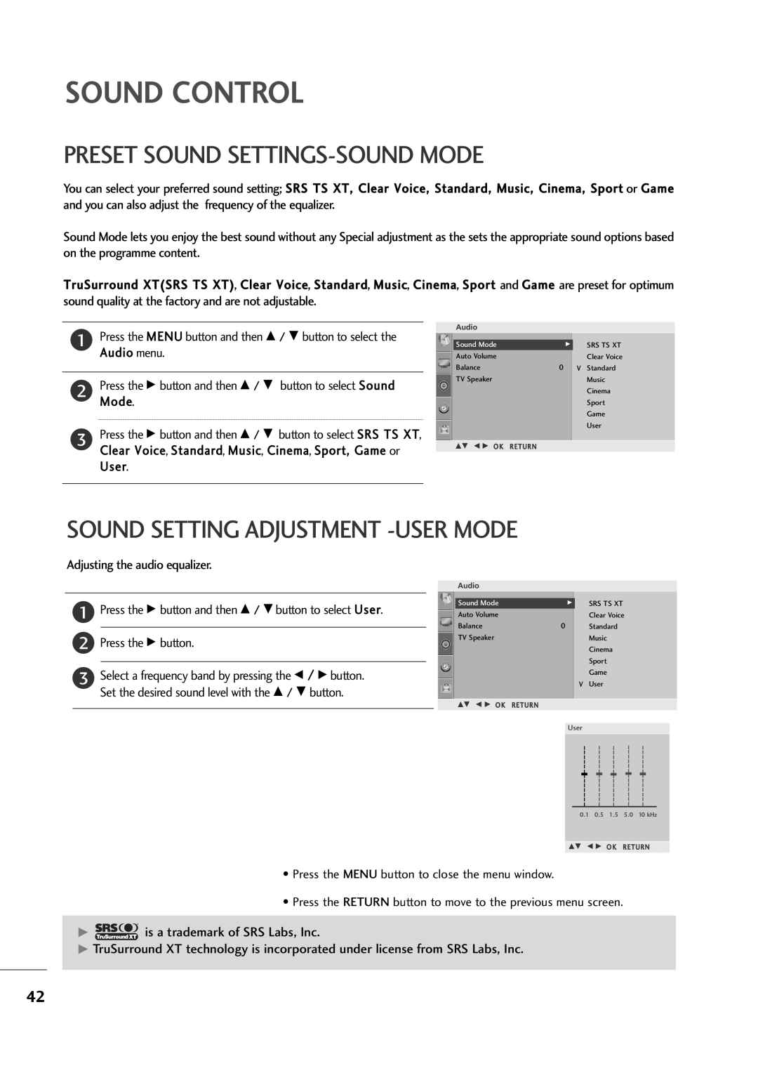 LG Electronics M2394A, M2794A owner manual Preset Sound SETTINGS-SOUND Mode, Sound Setting Adjustment -USER Mode 