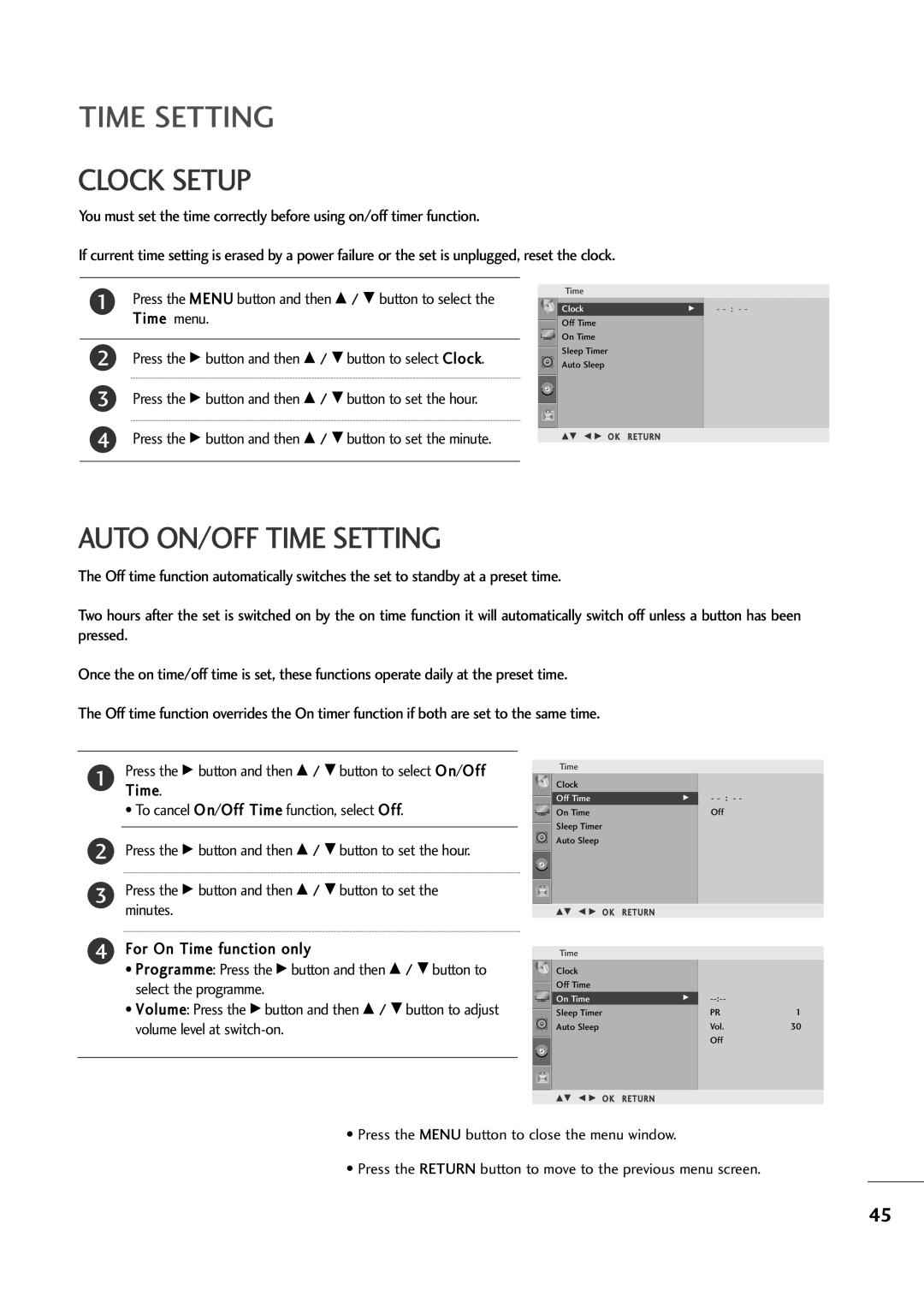 LG Electronics M2794A, M2394A owner manual Clock Setup, Auto ON/OFF Time Setting 