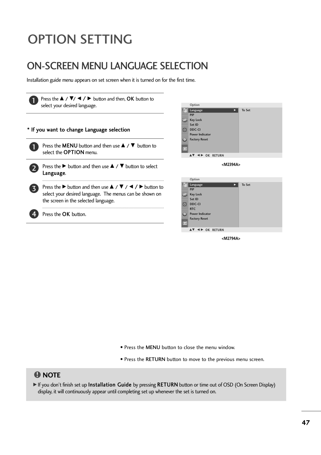 LG Electronics M2794A, M2394A owner manual ON-SCREEN Menu Language Selection, Press the OK button 