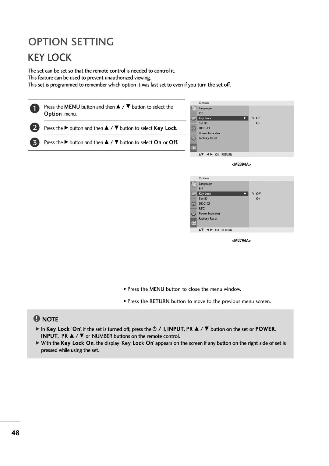 LG Electronics M2394A, M2794A owner manual Option Setting, KEY Lock 